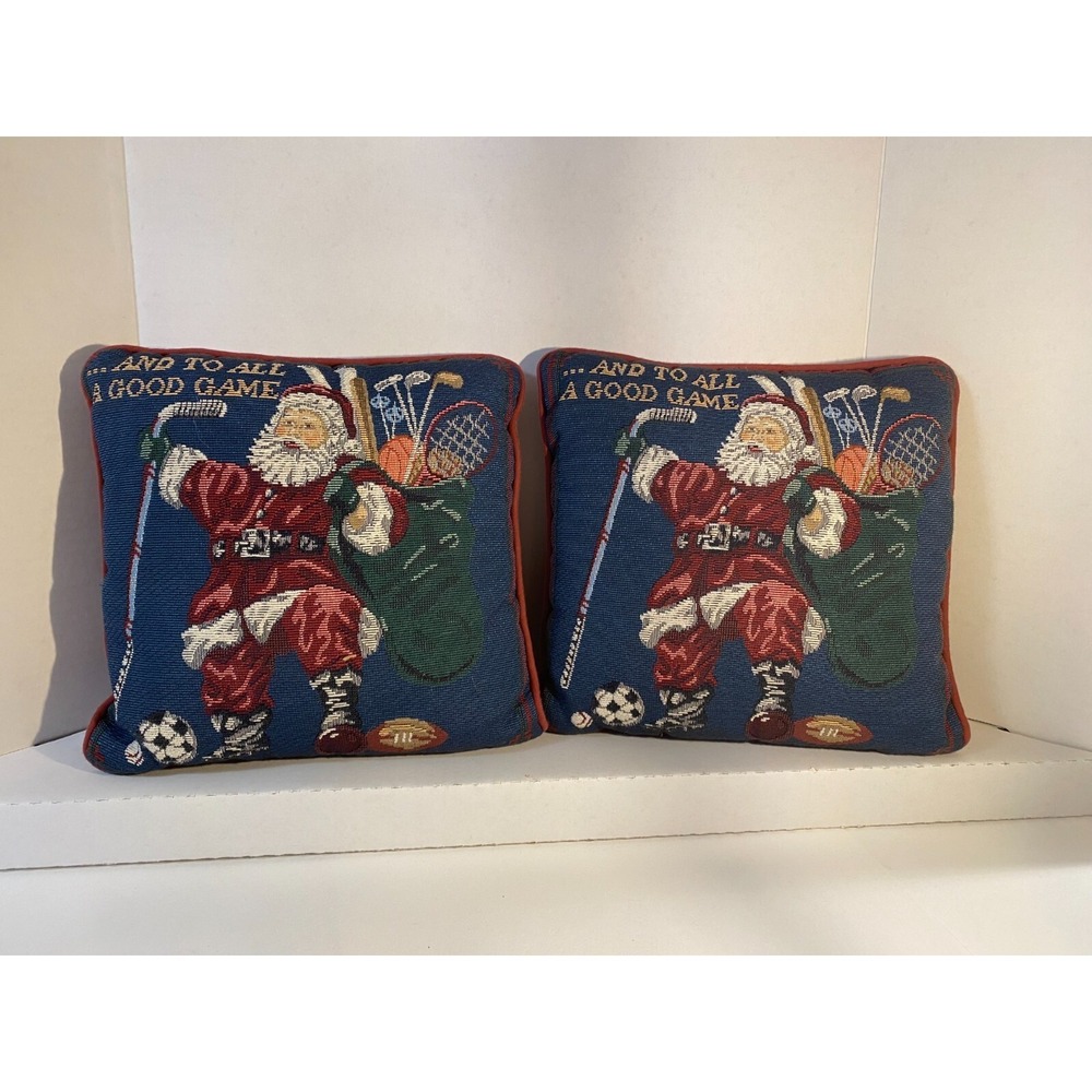 Tapestry Vintage Christmas Set of 2 Pillows 12 x 12 Santa Sports Holiday Hockey